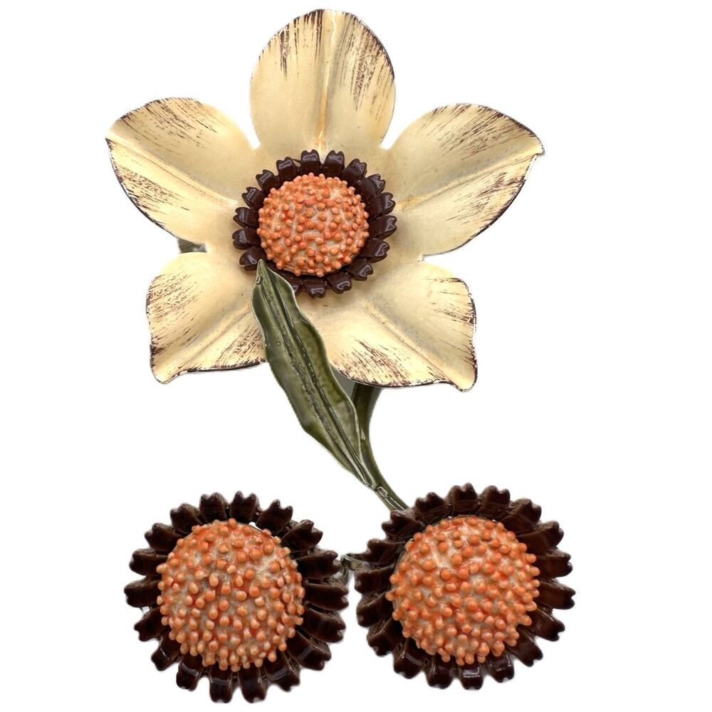 Vintage Floral Earrings Brooch Set Midcentury Enameled Metal